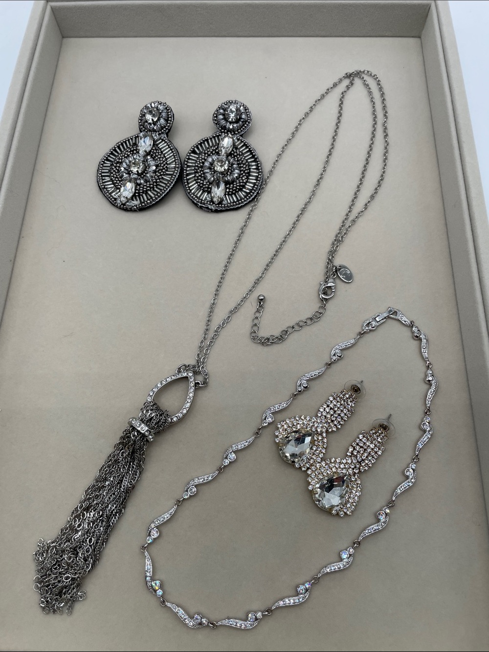 Silver-Tone Crystal Tassel Necklace and Earring Lot